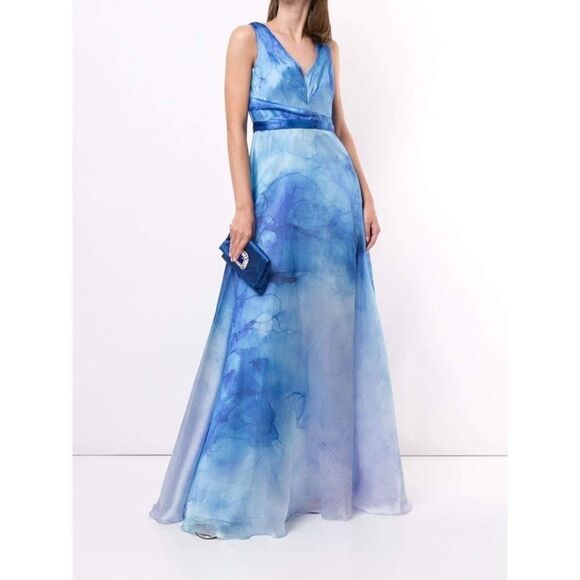 Marchesa Notte V-Neck Printed Organza Gown - Picture 5 of 11